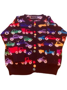 Vintage Christine Foley Kids Size M Black Knit Cardigan Multicolored Truck Motif